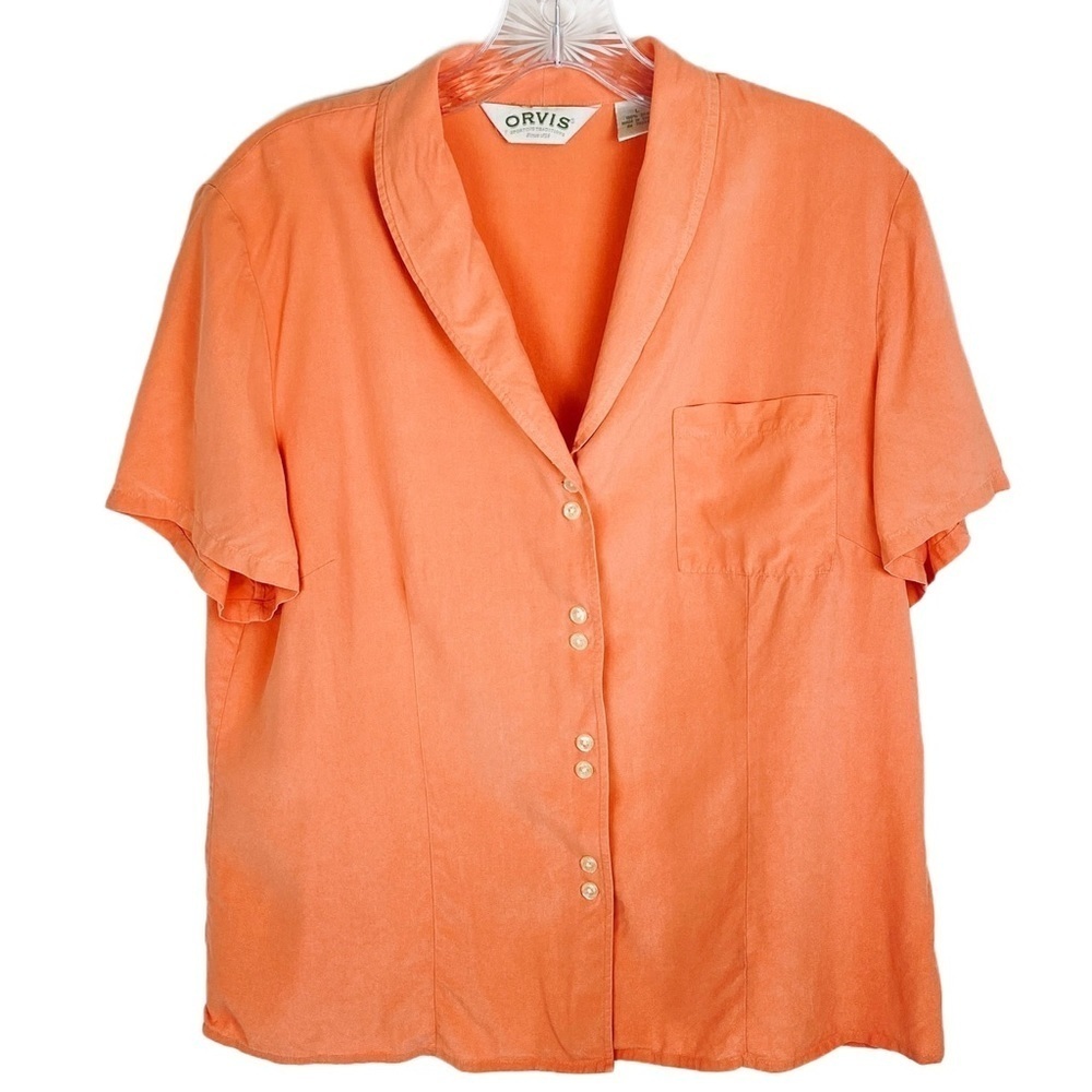 Orvis Silk Blouse Top Sz L Peach Button Up Short Sleeve Shawl Collar Pocket